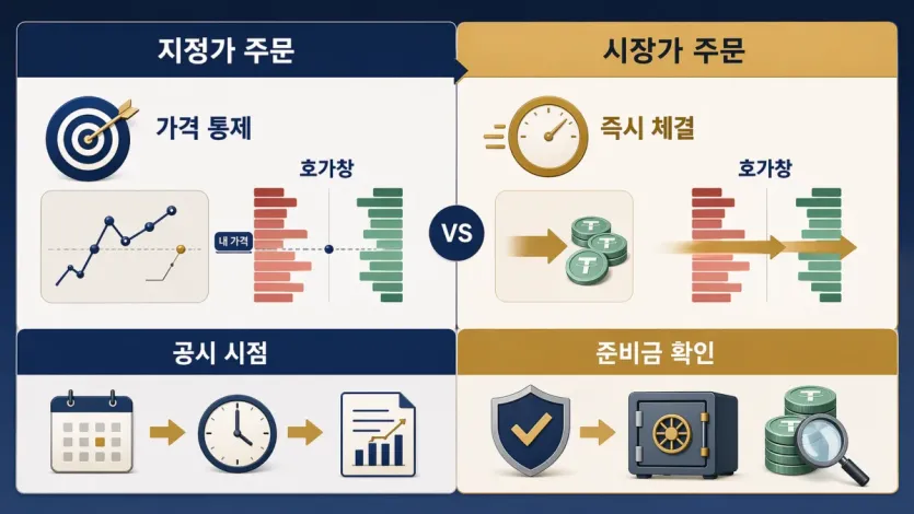 지정가와 시장가 선택 기준, 호가창 확인, 준비금 공시 시점을 함께 비교한 이미지