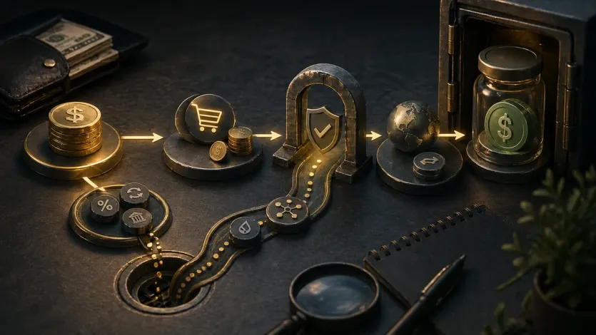 매수와 출금, 네트워크 비용을 거쳐 실제 예치 원금이 줄어드는 흐름을 보여주는 이미지