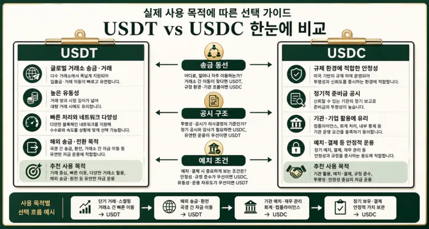 USDT와 USDC를 송금 동선, 공시 구조, 예치 조건 기준으로 나누어 보는 선택 가이드 이미지
