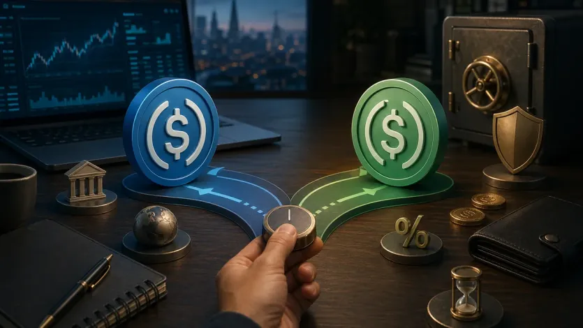 USDT와 USDC를 사용 목적과 보관 전략 기준으로 비교하는 대표 이미지