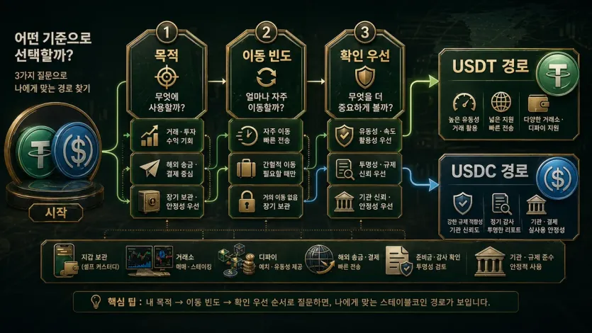 목적과 이동 빈도, 확인 우선순서에 따라 USDT와 USDC 선택 경로를 정리한 이미지