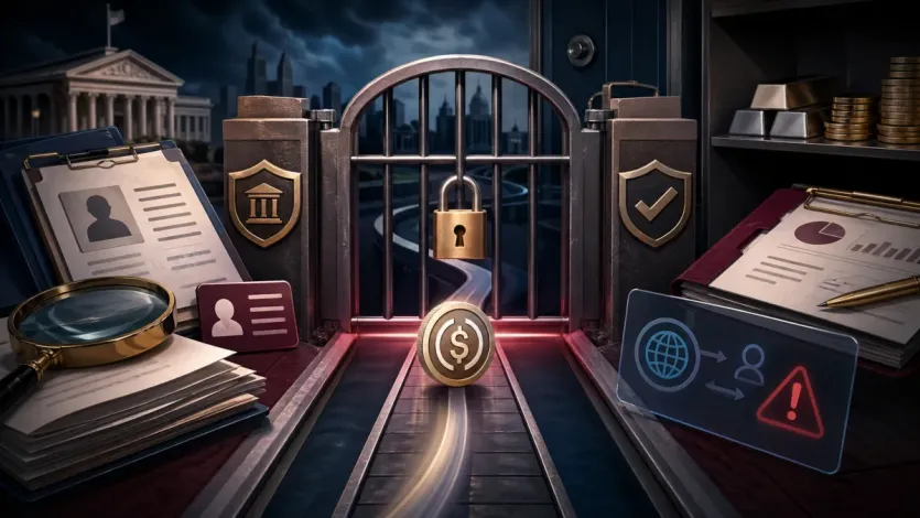 규정, 신원확인, 네트워크 조건 때문에 스테이블코인 상환이 막히는 상황을 보여주는 이미지