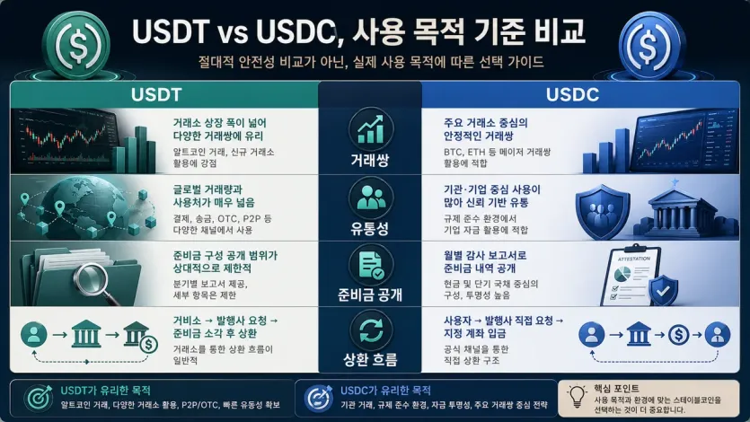 거래쌍과 유통성, 준비금 공개, 상환 흐름 기준으로 USDT와 USDC를 비교한 이미지
