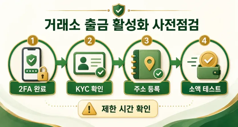 2FA 완료, KYC 확인, 주소 등록, 소액 테스트, 제한 시간 확인 순서를 정리한 인포그래픽