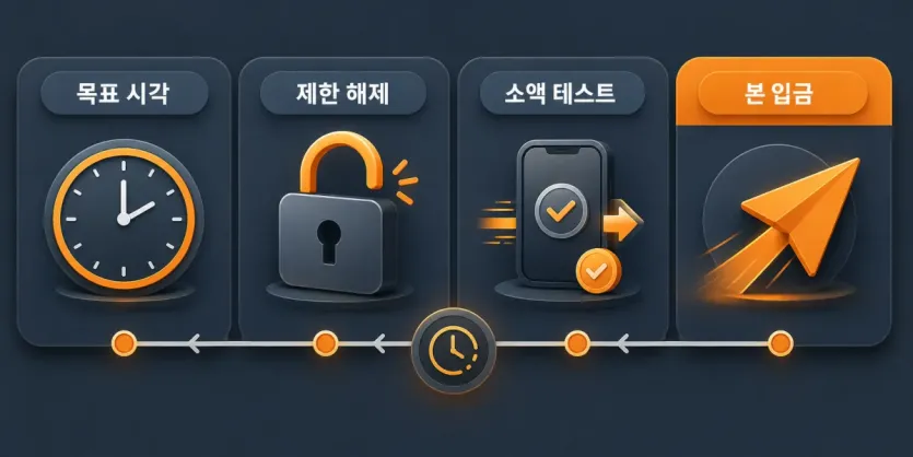 목표 시각, 제한 해제, 소액 테스트, 본입금 순서로 입금 시점을 역산하는 인포그래픽