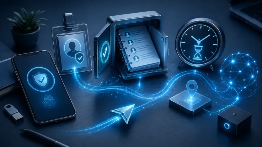 보안 확인과 주소 등록, 제한 시간, 테스트 전송이 한 흐름으로 이어지는 장면형 이미지