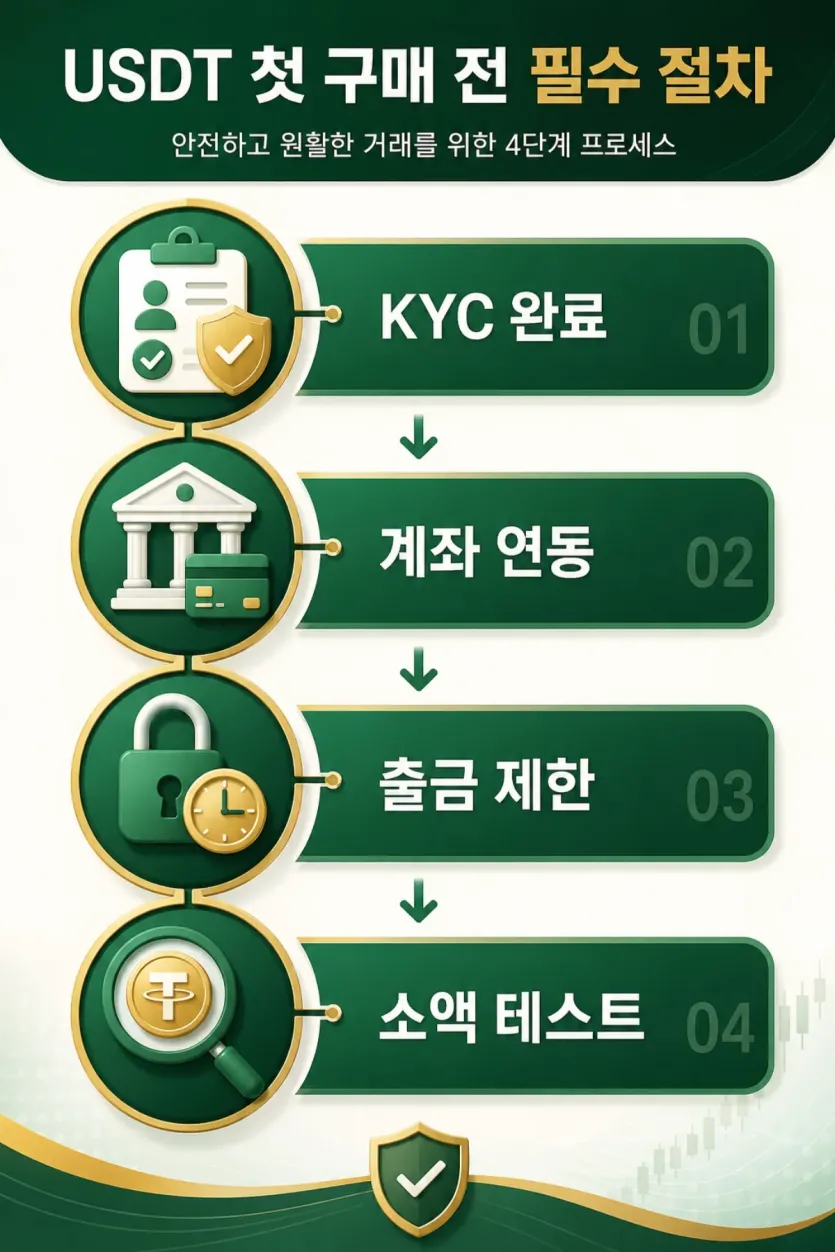 KYC 완료와 계좌 연동, 출금 제한, 소액 테스트 순서를 보여주는 인포그래픽 이미지