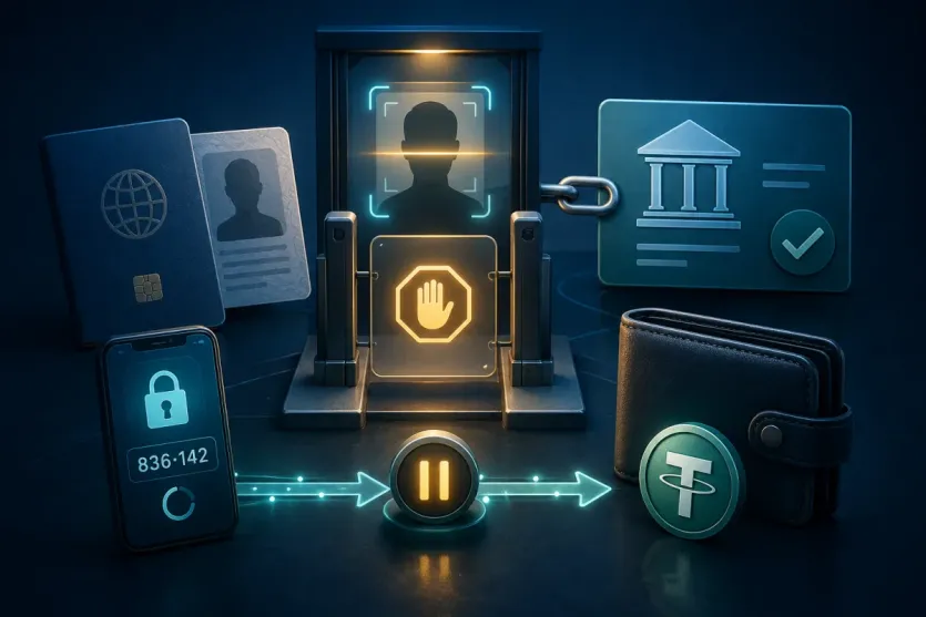 KYC와 계좌 인증이 끝나지 않아 자금 이동이 멈추는 상황을 상징적으로 보여주는 이미지