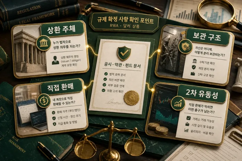 상환 주체와 보관 구조, 직접 환매, 2차 유동성을 확인하는 규제 점검 이미지