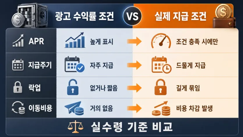 APR과 지급주기, 락업, 이동비용을 실수령 기준으로 비교하는 인포그래픽