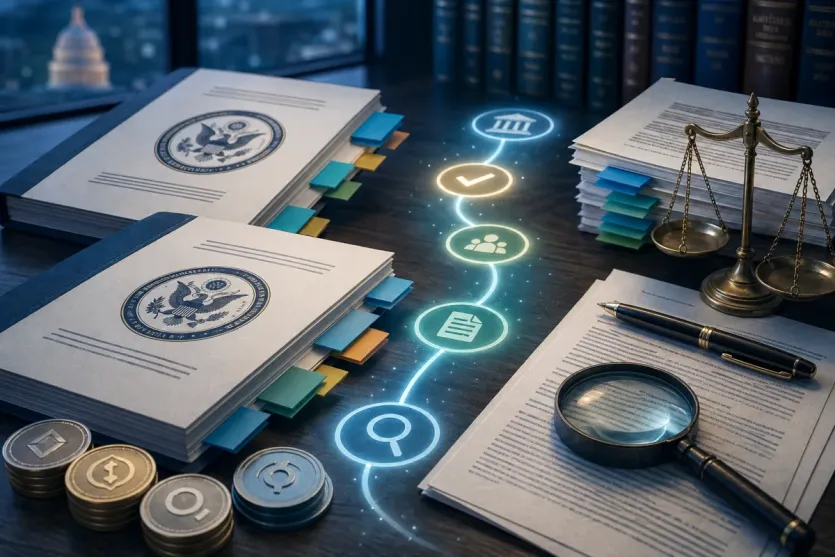 CLARITY Act와 GENIUS Act 관련 문서를 단계별로 검토해 과장 해석을 줄이는 흐름을 보여주는 대표 이미지