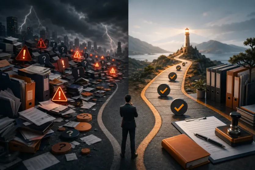 혼란스러운 규제 뉴스와 차분한 확인 경로를 대비해 보여주는 이미지