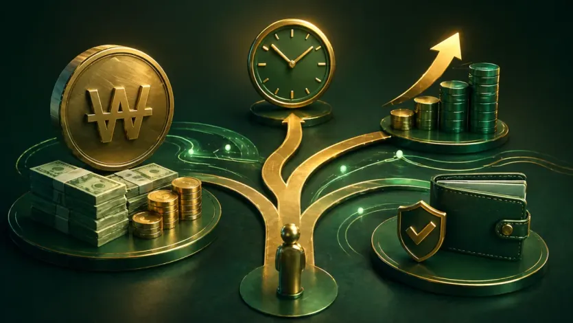 원화 출발 달러노출 경로에서 회수시간과 최종 도착 수량을 함께 비교하는 상징 이미지