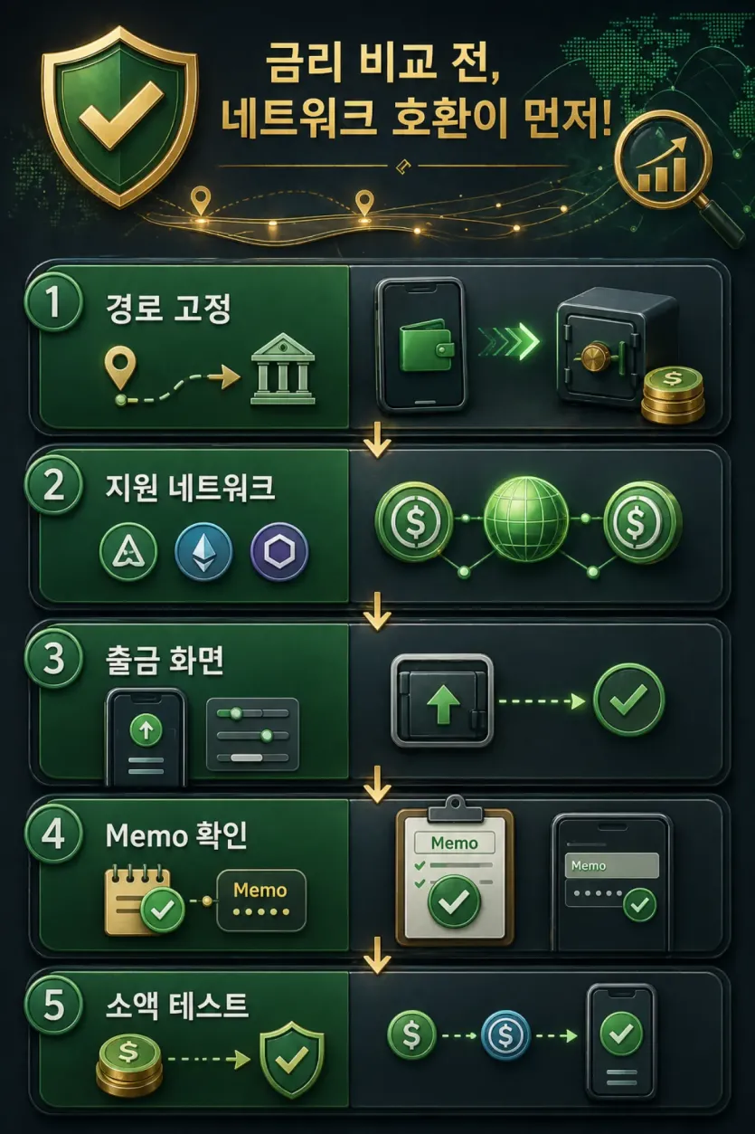 네트워크 호환과 출금 경로, Memo 확인, 소액 테스트 순서를 보여주는 인포그래픽 이미지
