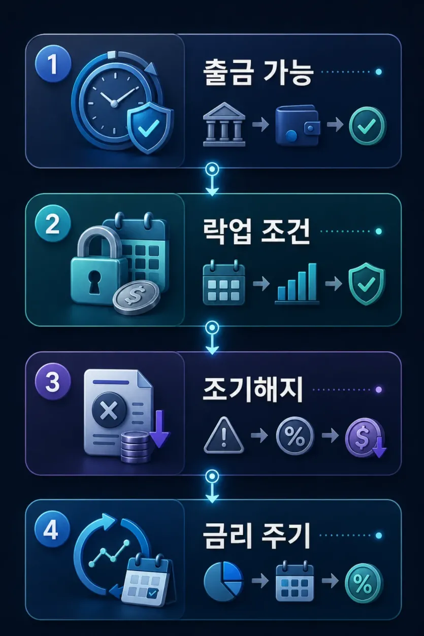 출금 가능성, 락업 조건, 조기해지 부담, 금리 주기를 순서대로 비교하는 인포그래픽 이미지