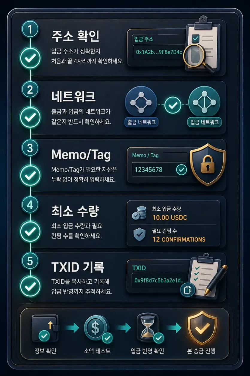 주소와 네트워크, Memo Tag, 최소 수량, TXID 기록을 확인하는 체크 인포그래픽 이미지