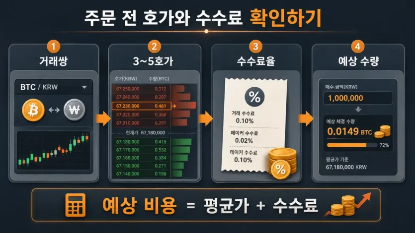 주문 전에 거래쌍과 3~5호가, 수수료율, 예상 수량을 함께 확인하는 인포그래픽 이미지