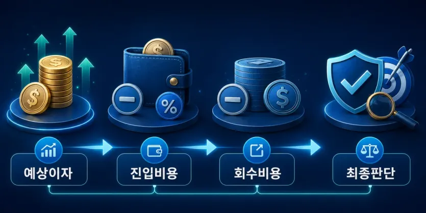 예상이자와 진입비용, 회수비용을 순서대로 빼서 최종판단하는 인포그래픽 이미지