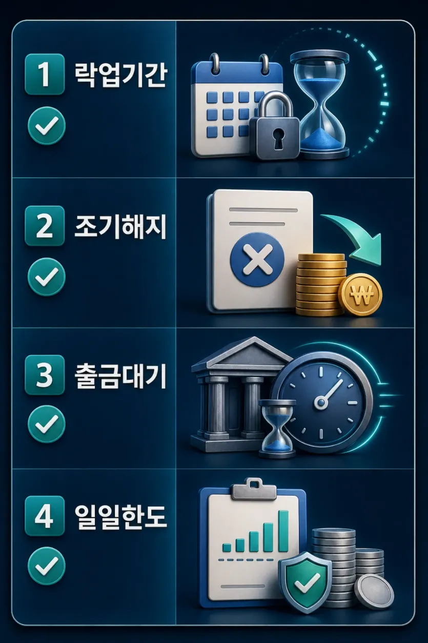 락업기간과 조기해지, 출금대기, 일일한도를 함께 점검하는 인포그래픽 이미지