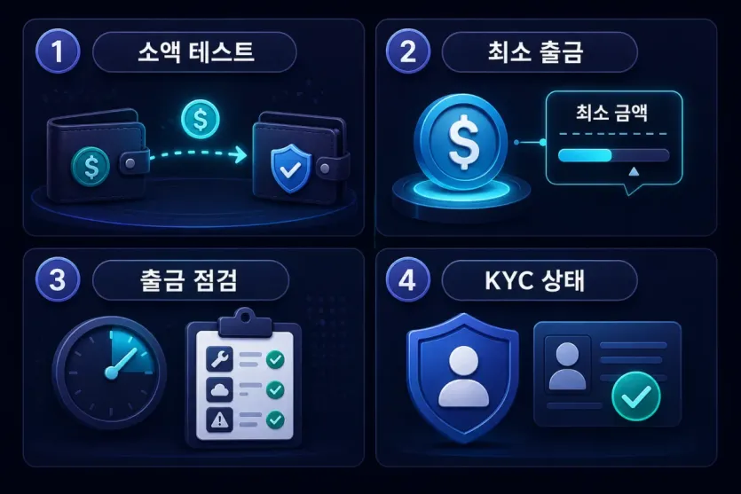 소액 테스트와 최소 출금, 출금 점검, KYC 상태를 출금 전 체크 항목으로 정리한 인포그래픽 이미지