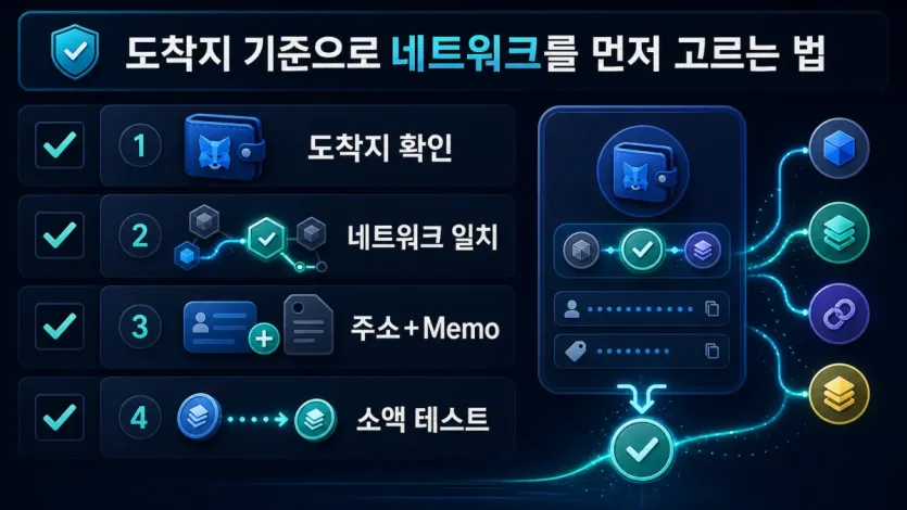 도착지 확인부터 네트워크 일치, 주소와 Memo, 소액 테스트까지의 선택 기준을 정리한 인포그래픽 이미지