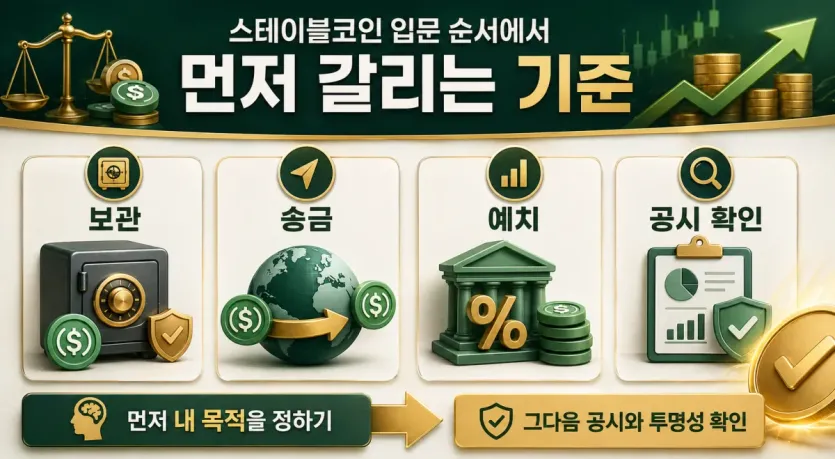 보관·송금·예치 목적과 공시 확인 우선순위를 비교해 보여주는 인포그래픽 이미지