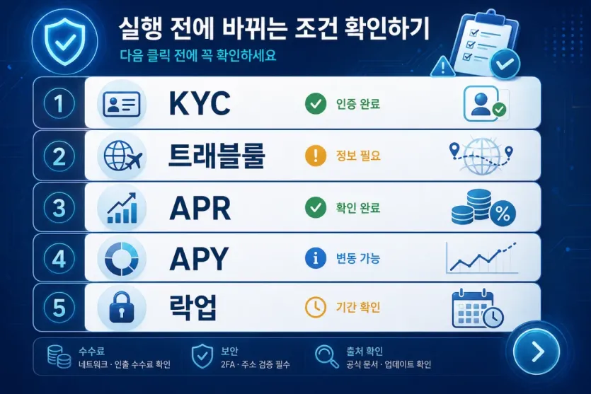 KYC와 트래블룰, APR·APY, 락업처럼 실행 직전 확인할 조건을 모은 체크리스트 이미지
