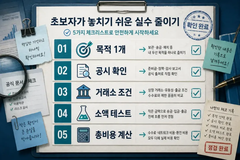 목적 선택부터 소액 테스트와 총비용 계산까지 초보자 실수 방지 순서를 보여주는 검증 보드 이미지