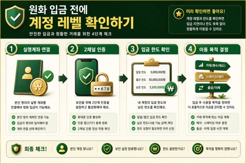 실명계좌 연결과 2채널 인증, 입금 한도, 이동 목적을 순서대로 확인하는 인포그래픽 이미지