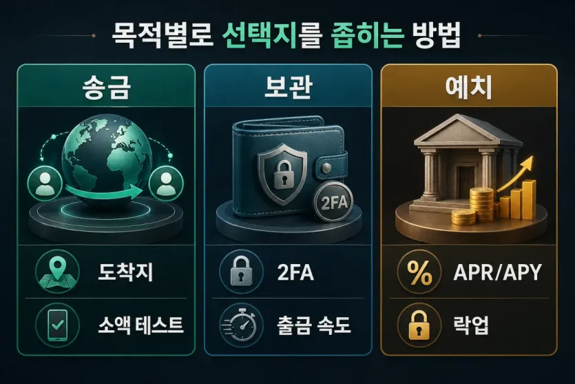 송금과 보관, 예치 목적별로 먼저 볼 기준을 비교한 이미지