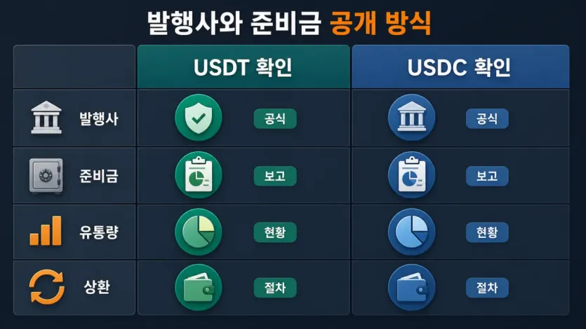 발행사와 준비금 공개 방식에서 무엇을 확인할지 항목별로 비교한 인포그래픽 이미지
