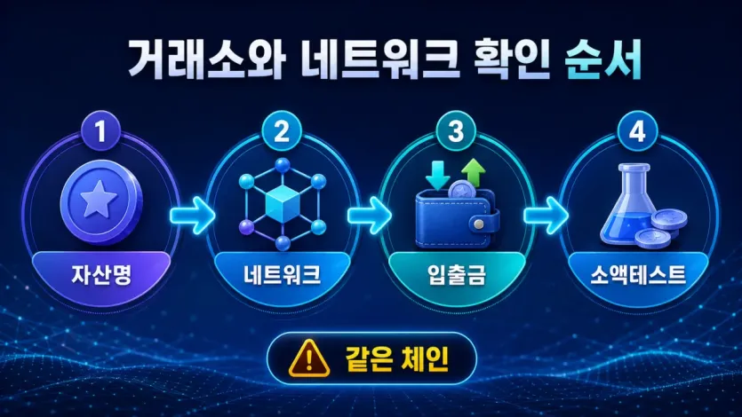거래소와 네트워크 지원 여부를 자산명부터 소액 테스트까지 순서대로 확인하는 인포그래픽 이미지
