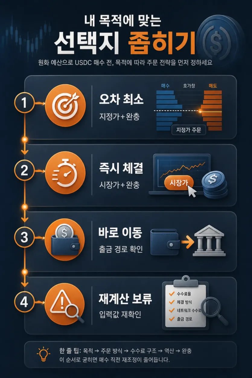 오차 최소와 즉시 체결, 바로 이동, 재계산 보류를 목적별로 정리한 인포그래픽 이미지