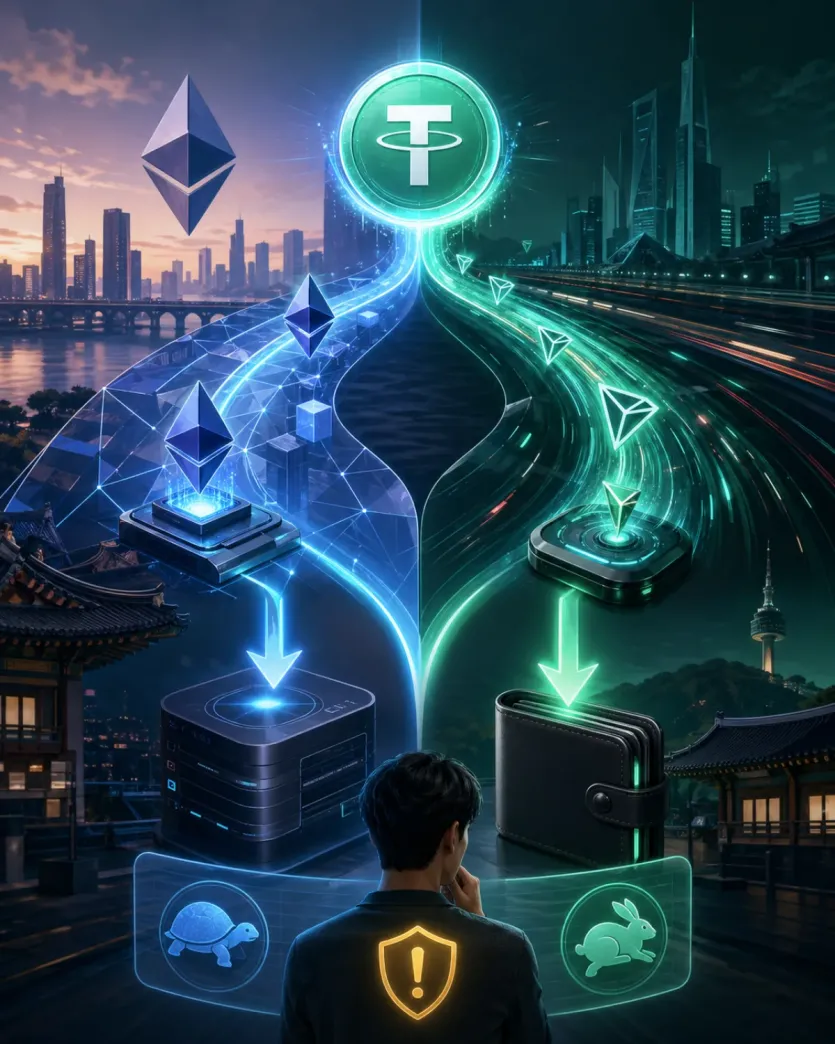 USDT TRC20과 ERC20이 서로 다른 전송 경로와 속도로 같은 자산을 이동시키는 핵심 차이를 보여주는 대표 이미지