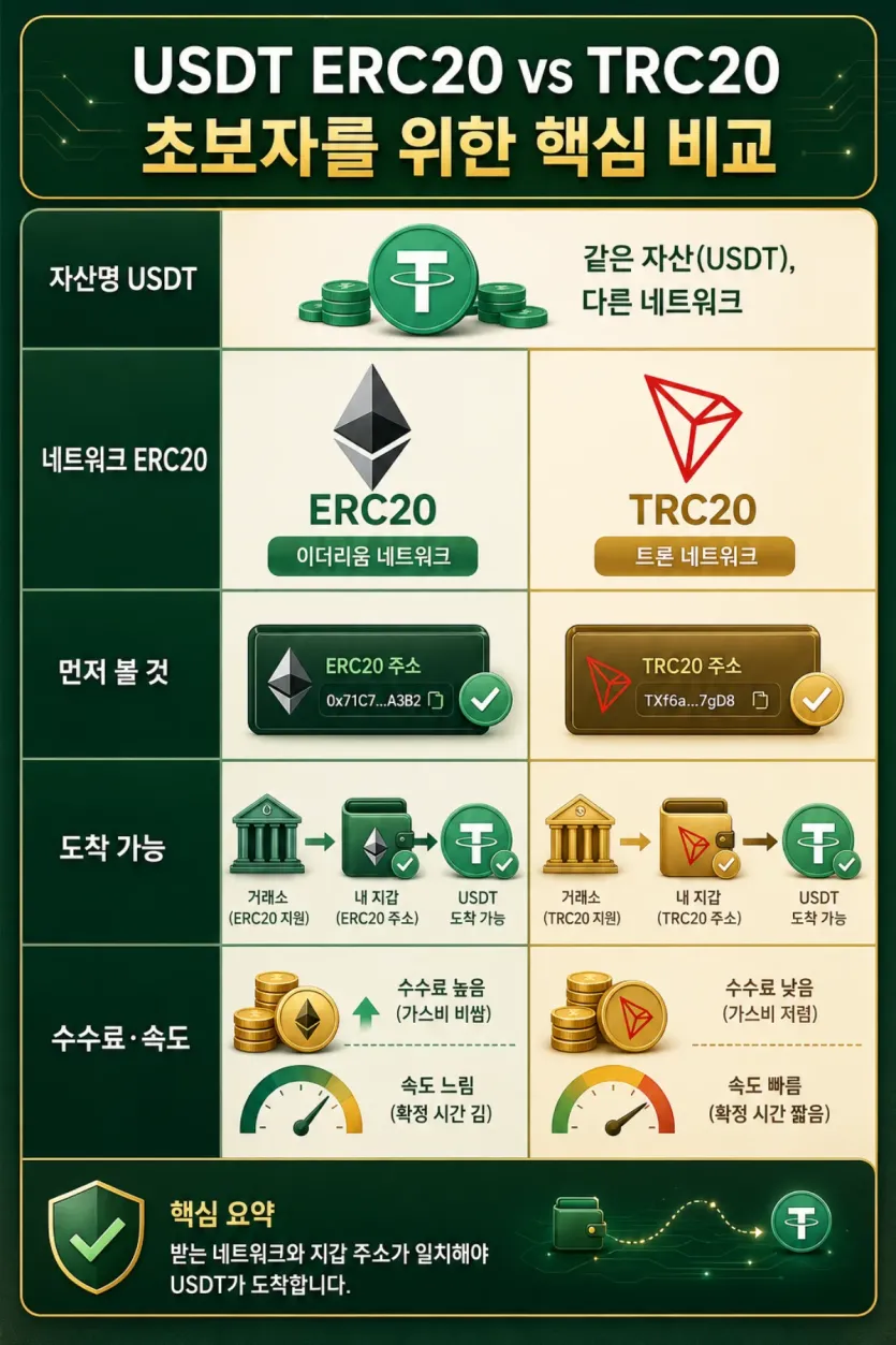 같은 USDT라도 ERC20과 TRC20에서 도착 가능 여부와 수수료 속도 차이를 비교한 인포그래픽 이미지