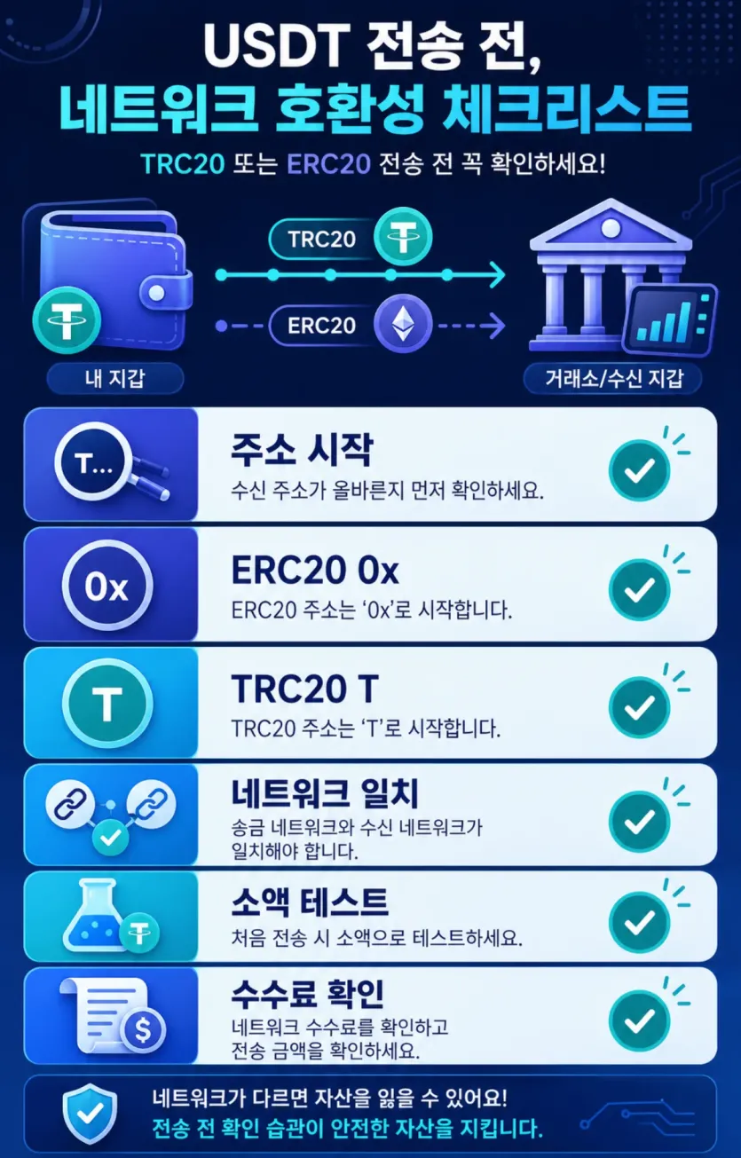 TRC20과 ERC20 전송 전에 주소 시작 형식과 네트워크 일치 여부를 확인하는 체크 인포그래픽 이미지