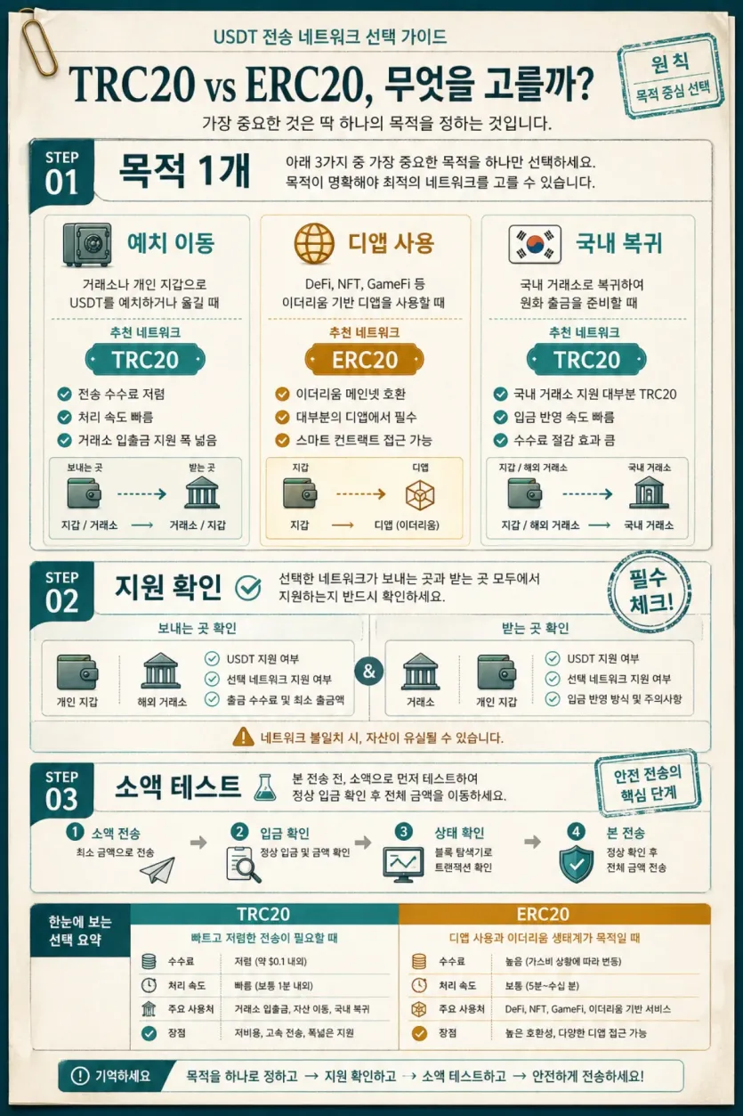 예치 이동과 디앱 사용, 국내 복귀 중 전송 목적을 먼저 하나로 정하는 선택 기준 인포그래픽 이미지