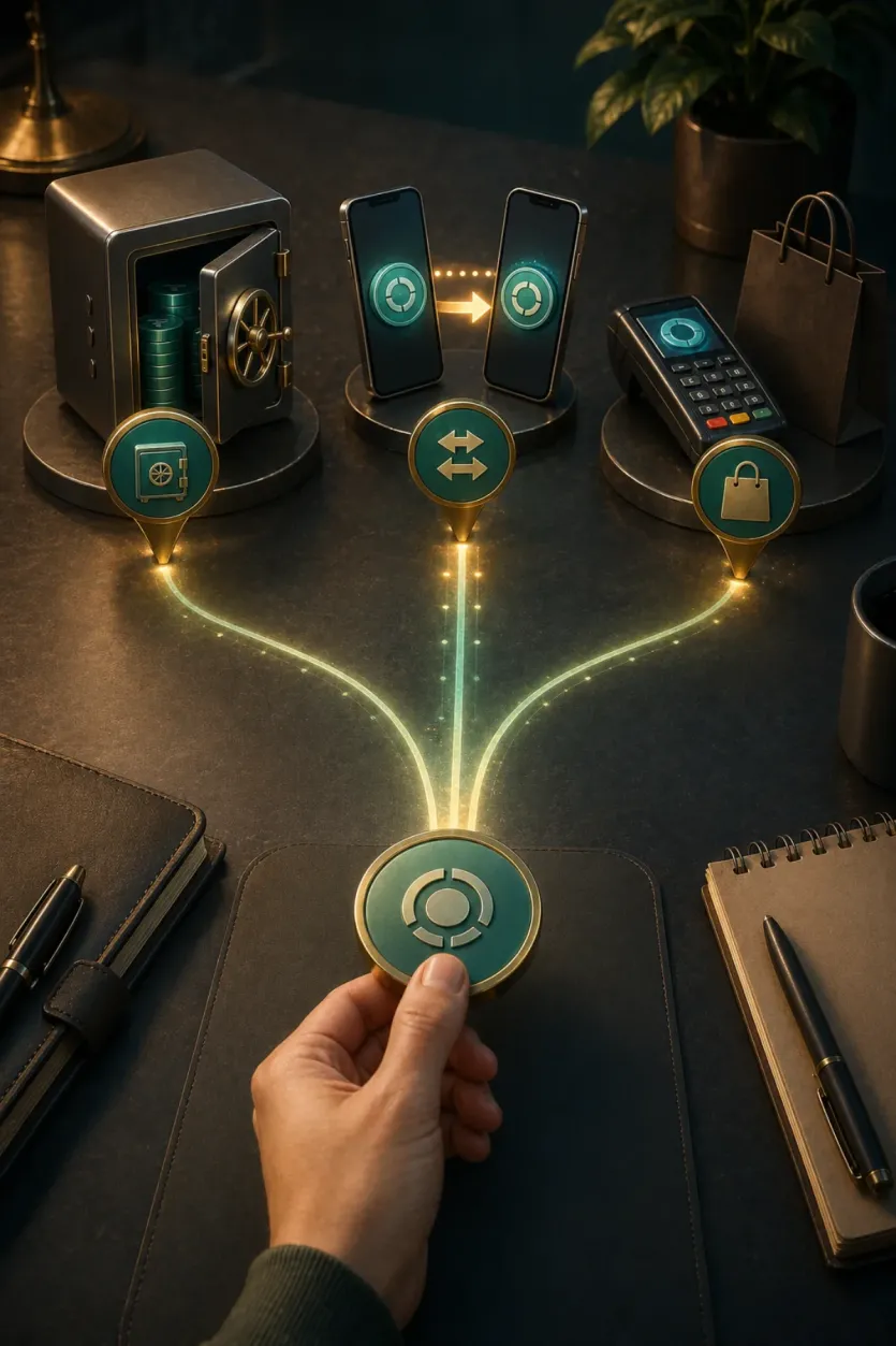 보관, 송금, 결제 중 첫 목적을 먼저 고르는 장면을 보여주는 이미지