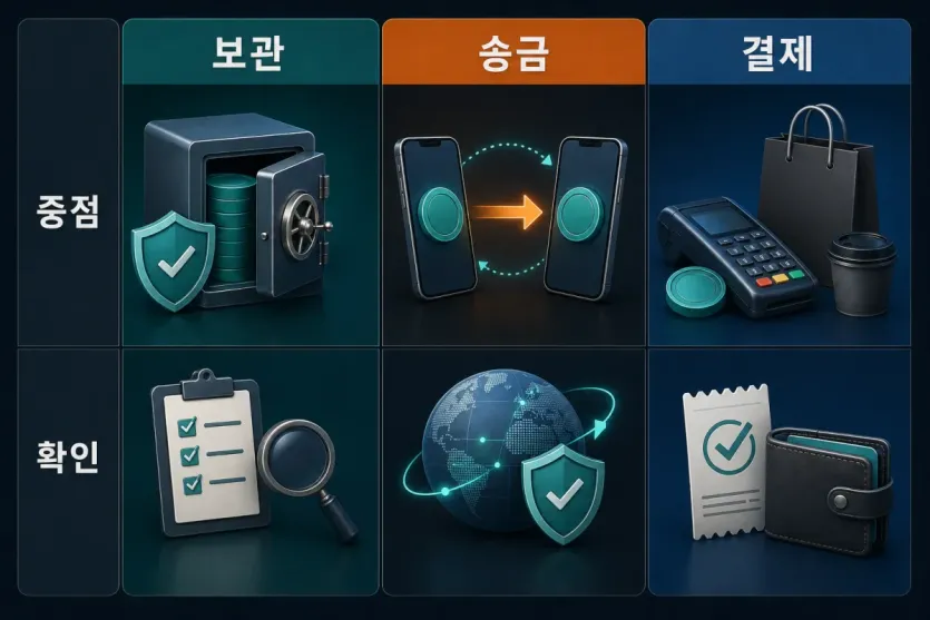 보관, 송금, 결제용 기준과 확인 포인트를 비교한 인포그래픽 이미지