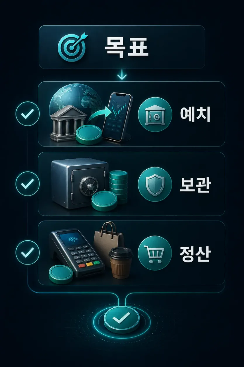 목표에 따라 예치, 보관, 정산 중 첫 사용처를 고르는 인포그래픽 이미지