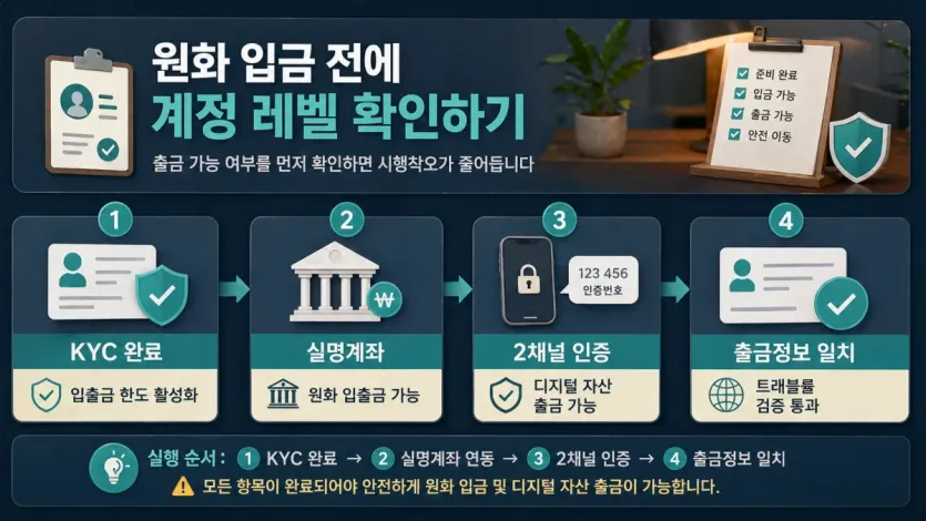 원화 입금 전에 KYC, 실명계좌, 2채널 인증, 출금정보 일치를 순서대로 확인하는 이미지