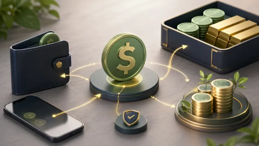 달러 코인이 기준 통화와 대기 자금, 예치 원금 역할을 함께 갖는 구조를 보여주는 이미지