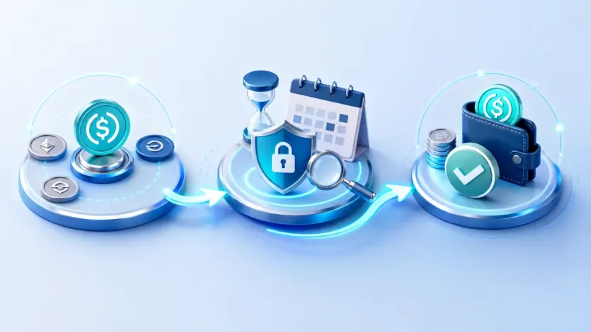 기준 코인 선택과 락업 확인, 최종 잔고 통화 확인 순서를 아이콘으로 보여주는 이미지