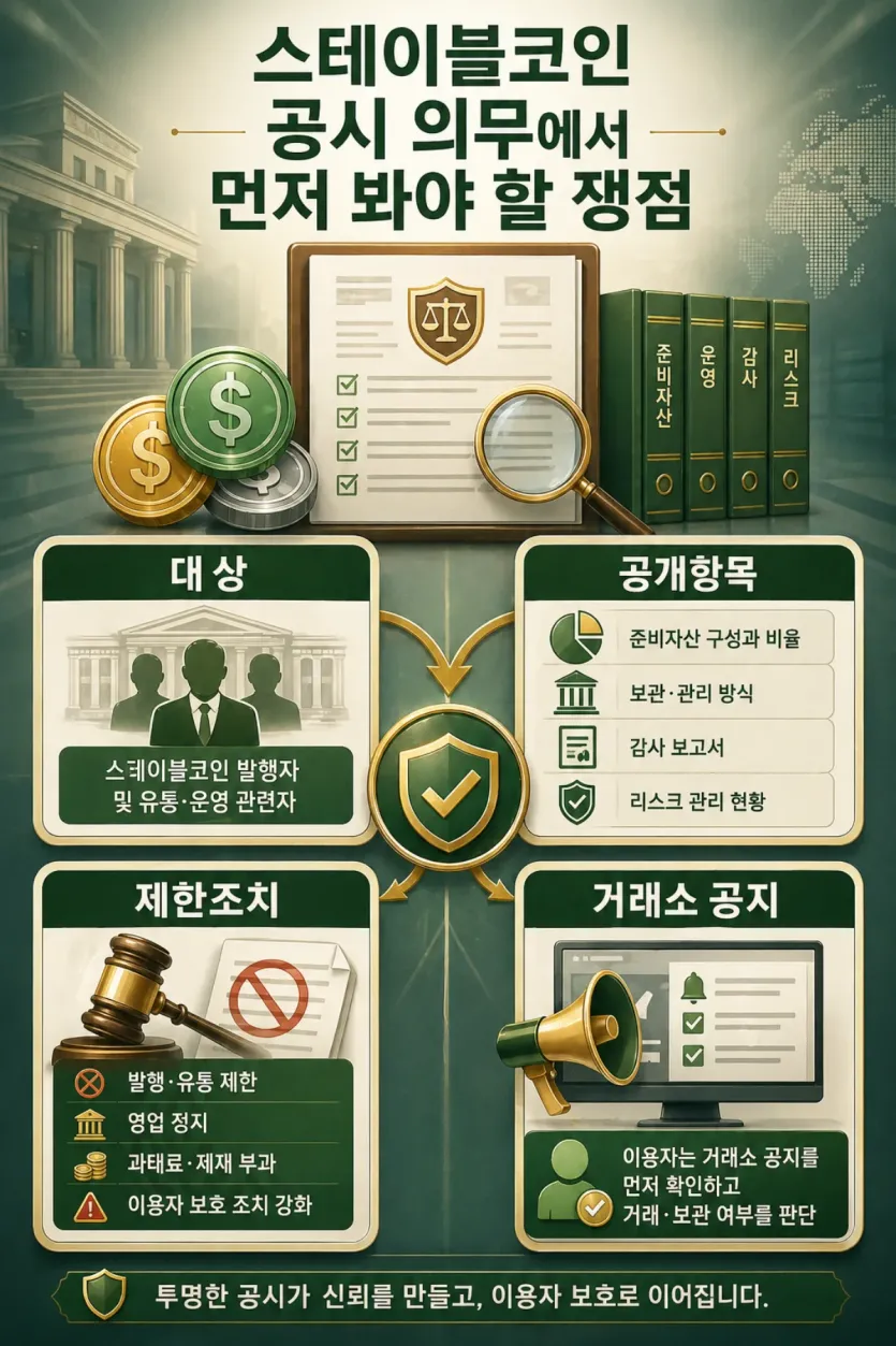 공시 대상과 공개항목, 제한조치, 거래소 공지 우선 확인 흐름을 보여주는 인포그래픽 이미지