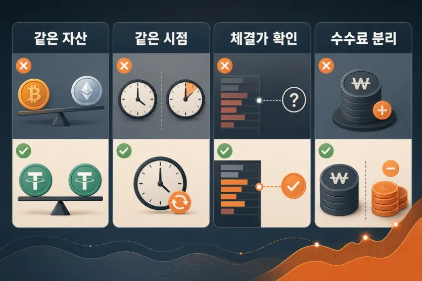 같은 자산과 시점, 체결가, 수수료 분리 기준을 짧게 비교한 인포그래픽 이미지
