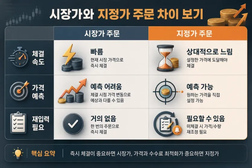 시장가 주문과 지정가 주문의 차이를 비교해 보여주는 인포그래픽 이미지