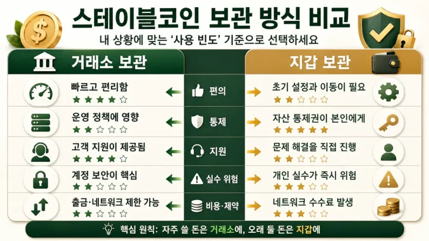 거래소 보관과 지갑 보관의 편의성과 통제, 실수 위험을 비교하는 인포그래픽
