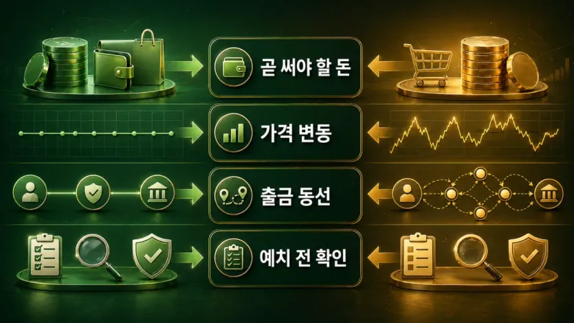 곧 써야 할 돈, 가격 변동, 출금 동선, 예치 전 확인 기준을 비교해 보여주는 이미지