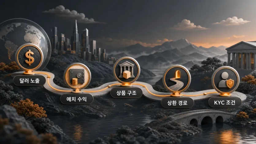 RWA 관련 판단에서 달러 노출, 예치 수익, 상품 구조, 상환 경로, KYC 조건을 함께 보는 인포그래픽 이미지