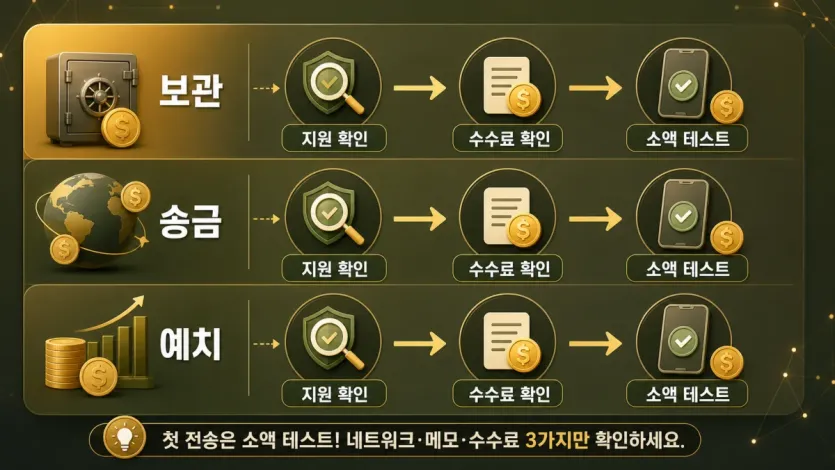 보관과 송금, 예치 목적에 따라 먼저 확인할 기준을 정리한 인포그래픽 이미지